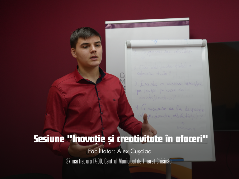 Alex, tânăr absolvent al unui program de facilitatori te invită la o sesiune despre afaceri.